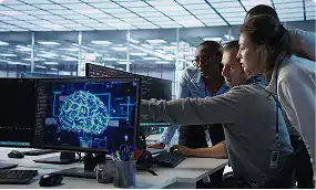 Team analyzing neural network model in machine learning development
