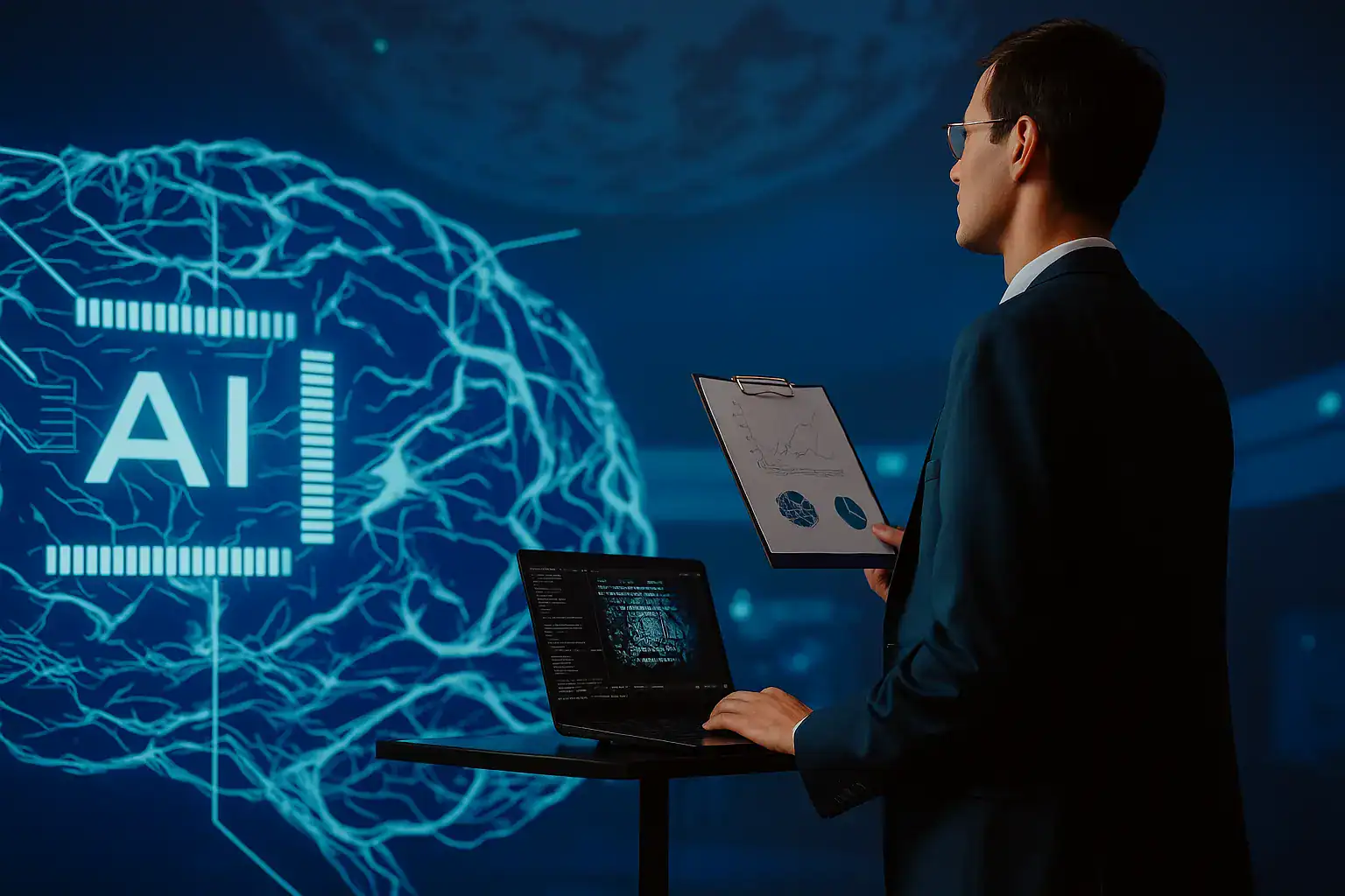 A business professional analyzing data on AI IT support with a laptop and digital brain interface in the background