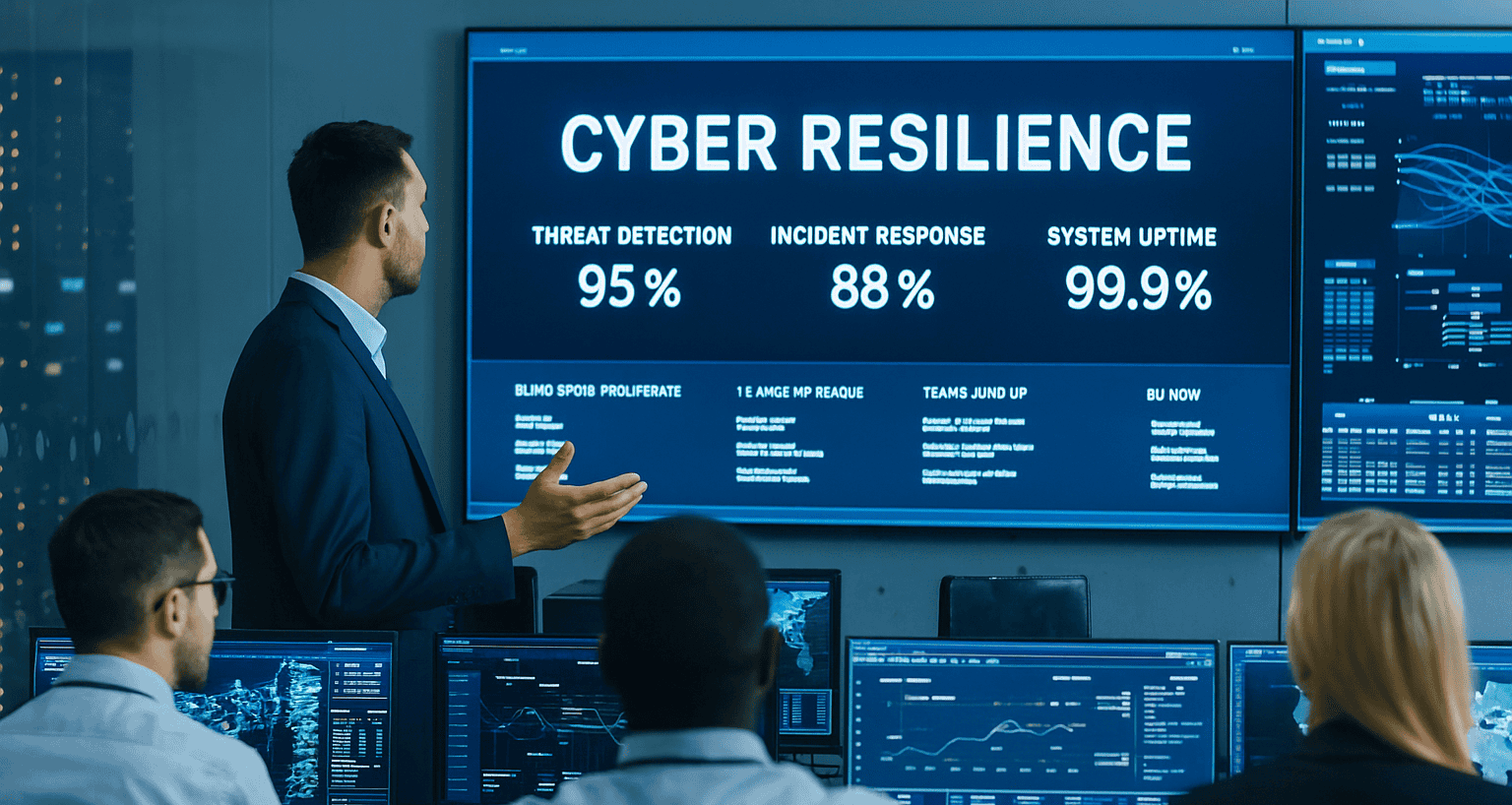 Cyber resilience metrics on display screen during executive security briefing.