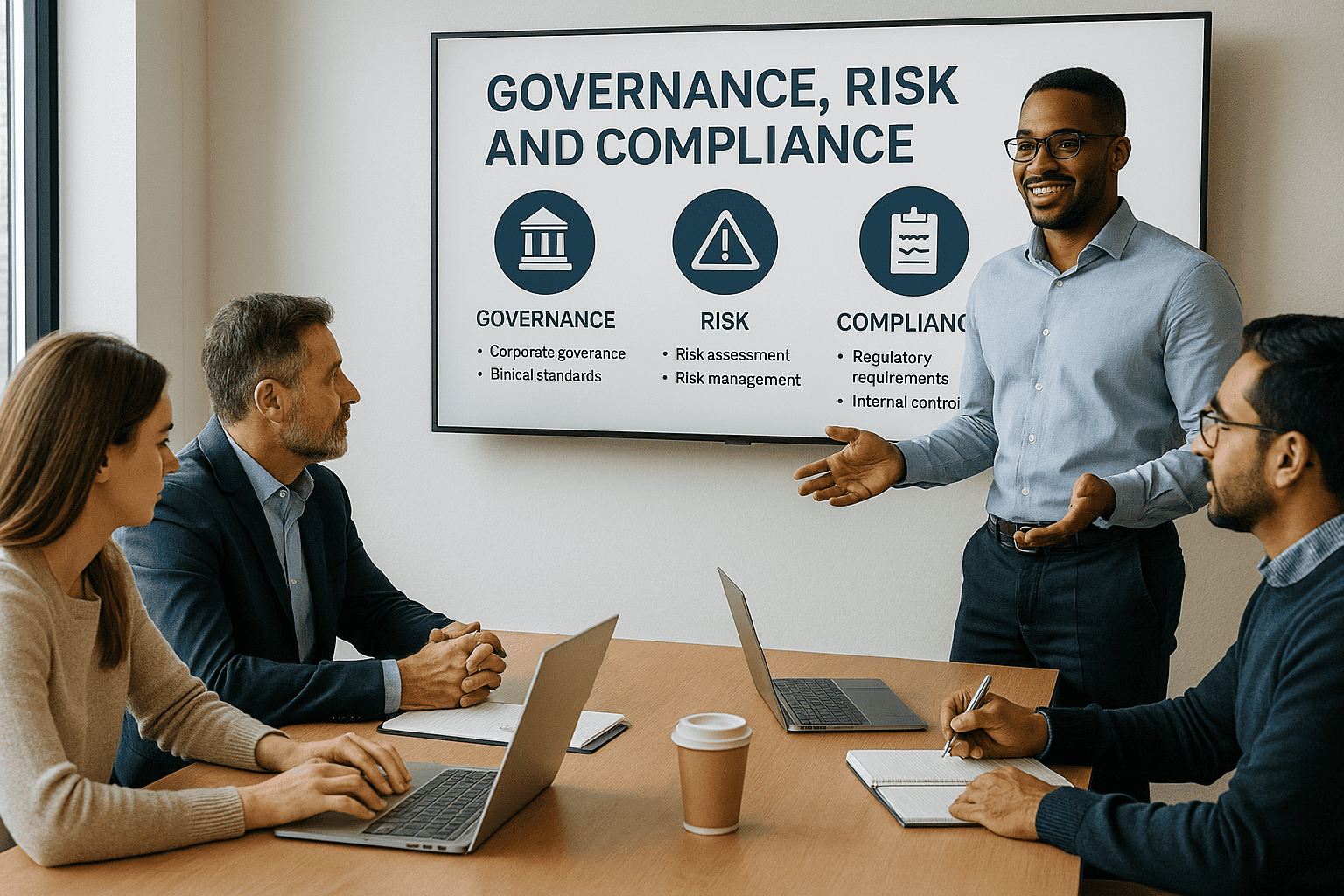 Team members attending a meeting related to risk fatigue and grc